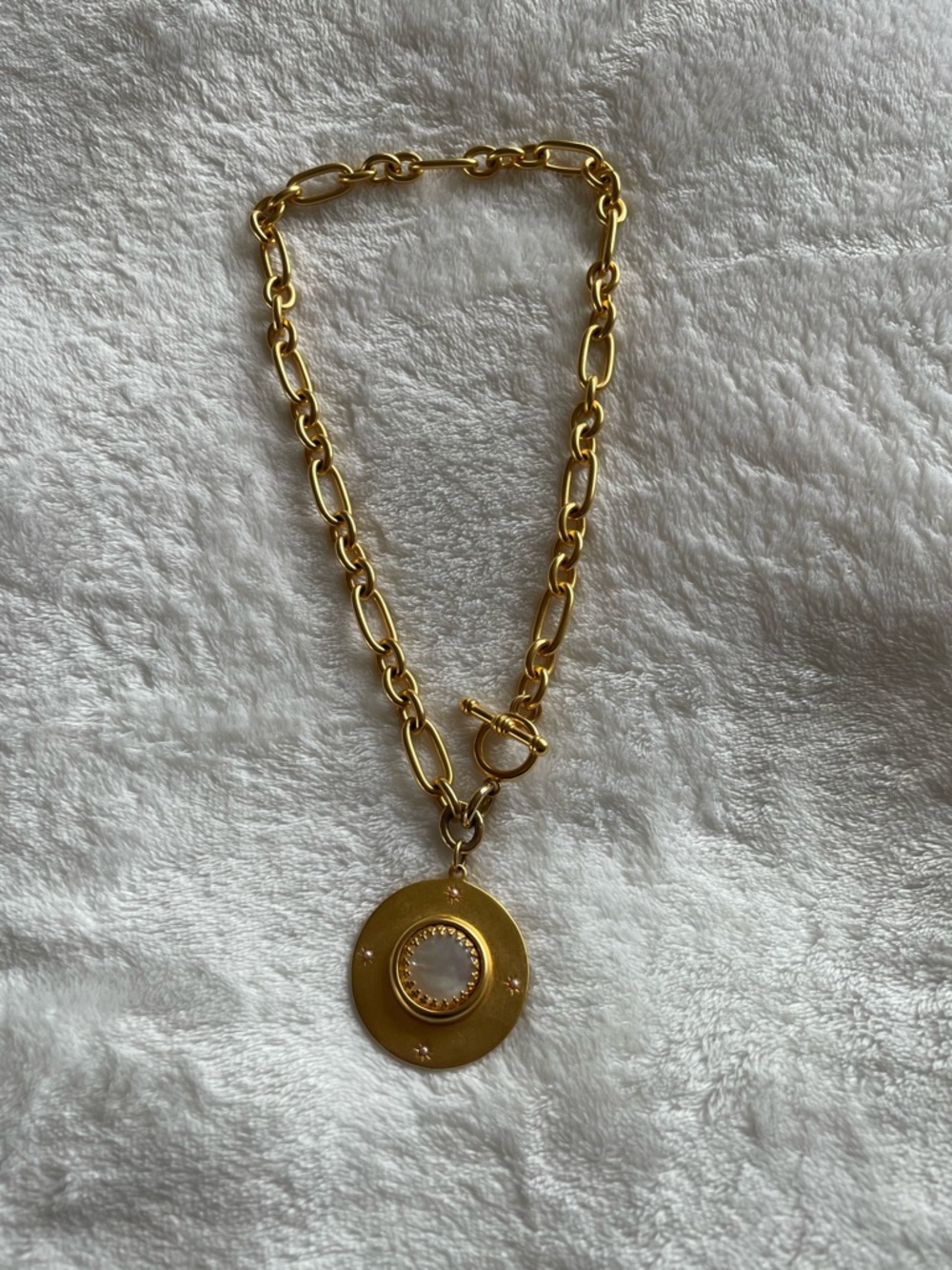Brinker + Eliza Gold Link Necklace with Round Opalescent Pendant:Gold Saturn